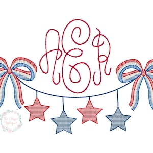 Patriotic bunting monogram frame with bows for the Fourth of July sketch fill, light fill, quick stitch machine embroidery design file