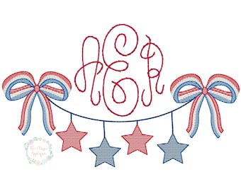 Patriotic bunting monogram frame with bows for the Fourth of July sketch fill, light fill, quick stitch machine embroidery design file
