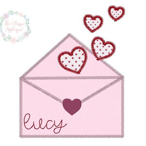 Valentine&#39;s Day envelope with hearts zig zag applique machine embroidery design file
