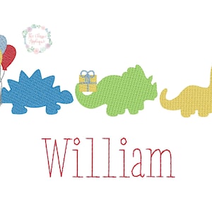 Birthday dinosaur trio sketch fill, light fill, quick stitch machine embroidery design file