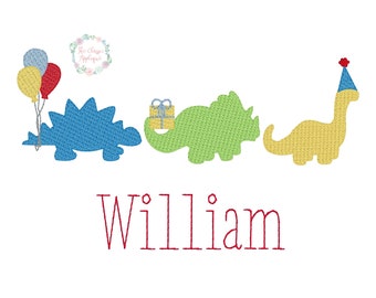 Birthday dinosaur trio sketch fill, light fill, quick stitch machine embroidery design file