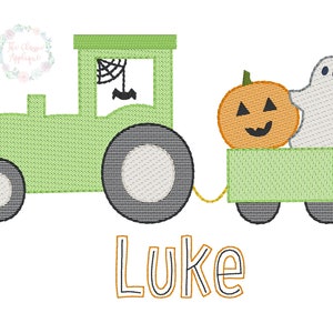 Halloween Traktor mit Gespenst und Jack o Lantern Skizzenfüllung, leichte Füllung, Schnellstich Stickmusterdatei