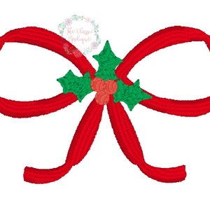 Christmas mini satin stitch bow with holly berry detail machine embroidery design file