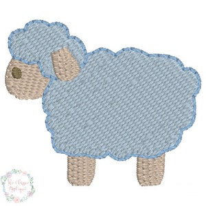 May include: A blue and beige embroidered applique of a sheep with a curly tail.