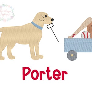 Può includere: Un cane Labrador Retriever giallo tira un carrello blu contenente una palla da baseball, una mazza e un guanto. Il carrello ha ruote nere. Il testo "Porter" è scritto in rosso sotto l'immagine.