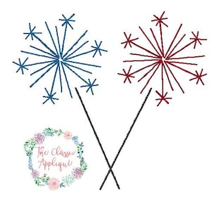 May include: Two stylized firework sparklers, one blue and one red, with black stems crossing each other.