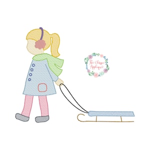 Girl pulling winter sled sketch fill, light fill, quick stitch, vintage stitch machine embroidery design file