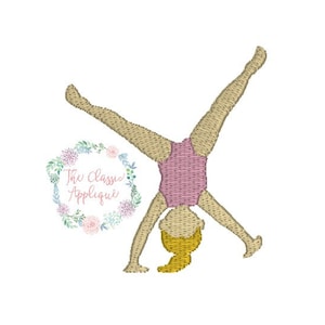 May include: An embroidered design of a girl doing a cartwheel in a pink leotard. The design is perfect for adding a sporty touch to your projects.
