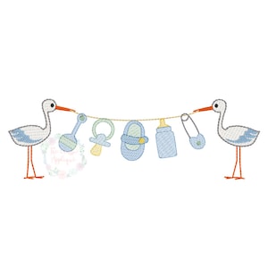 May include: Two white storks with orange beaks are holding a string with baby items hanging from it. The items include a rattle, a pacifier, a baby shoe, a bottle, and a safety pin.