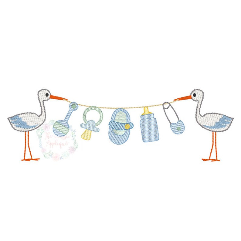 May include: Two white storks with orange beaks are holding a string with baby items hanging from it. The items include a rattle, a pacifier, a baby shoe, a bottle, and a safety pin.