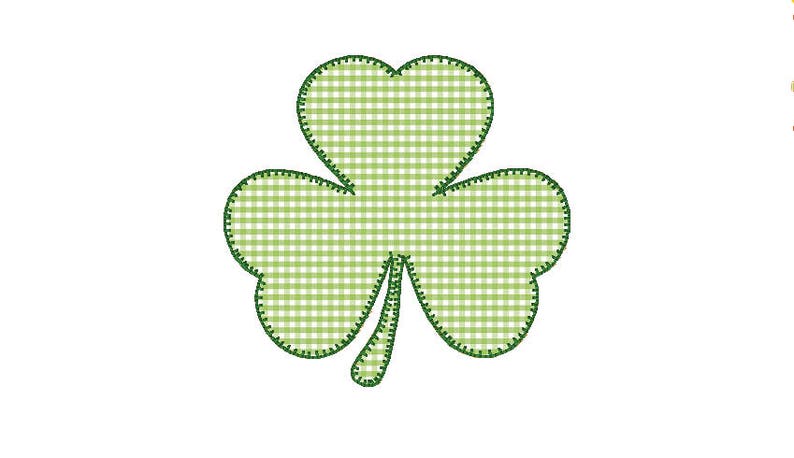 May include: A green shamrock with a gingham pattern. The shamrock is outlined in green.
