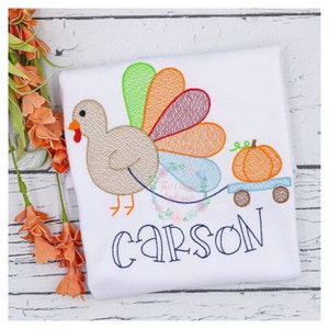 Thanksgiving boy turkey pulling pumpkin on wagon sketch fill, light fill, quick stitch machine embroidery design file