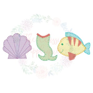 May include: Three embroidered patches featuring a purple seashell, a green mermaid tail, and a yellow and orange fish.