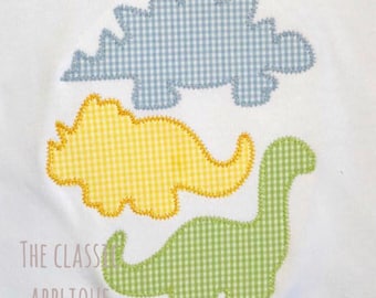Dinosaur trio stack zig zag applique machine embroidery desing file in 4x4, 5x7, and 6x10
