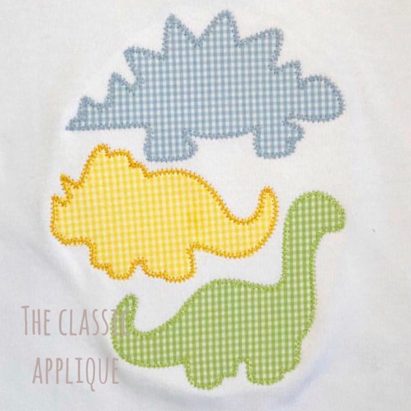 Dinosaur trio stack zig zag applique machine embroidery desing file in 4x4, 5x7, and 6x10