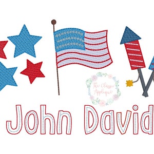 Patriotic stars, flag, and fireworks sketch fill, quick stitch vintage trio for the Fourth of July machine embroidery design file