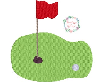 Golf verde con bandera y bola de golf mini relleno máquina de punto bordado archivo de diseño en tres tamaños diferentes