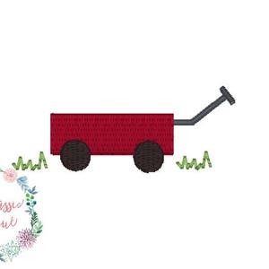 May include: A red wagon with black wheels and a black handle. The wagon is on a green grassy surface.