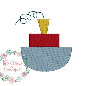 Mini fill stitch summer tugboat with vintage stitch steam detail machine embroidery design file