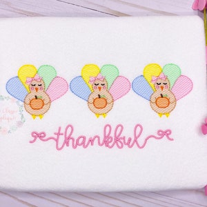 Thanksgiving turkey trio with bow holding pumpkin sketch fill, light fill, quick stitch machine embroidery design file