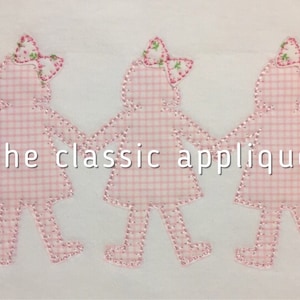 paperdolls girls with bows trio blanket stitch applique vintage style design for embroidery