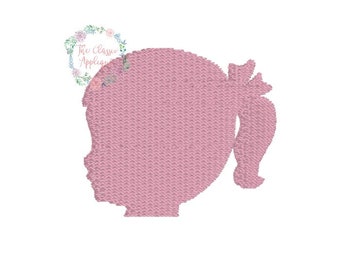 Little girl with ponytail and bow silhouette profile cameo mini fill stitch machine embroidery design file