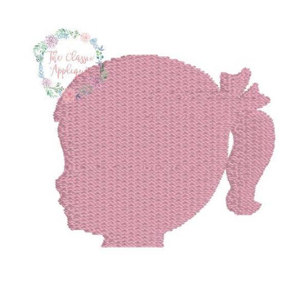 Little girl with ponytail and bow silhouette profile cameo mini fill stitch machine embroidery design file