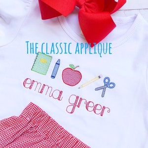 5 separate, individual back to school sketch fill machine embroidery designs of a pencil, crayon, book, apple, and scissors