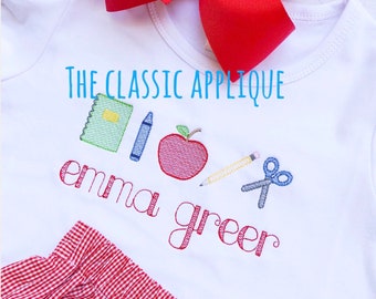 5 separate, individual back to school sketch fill machine embroidery designs of a pencil, crayon, book, apple, and scissors