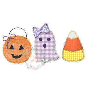 Halloween Süßigkeiten Eimer Jack o Laterne, Mädchen Geist mit Schleife, Süßigkeiten Mais Trio Zick-Zack-Applikation Maschine Stickerei Design-Datei