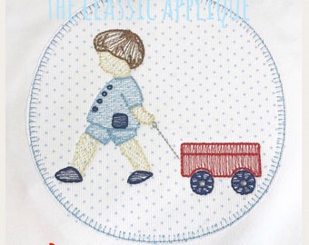 petit garçon avec le point de cru de chariot et le fichier de conception de broderie de remplissage de croquis