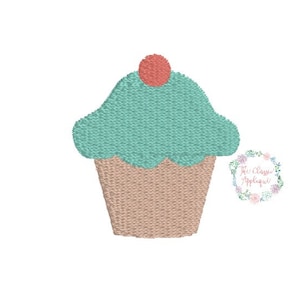 Puede incluir: Un cupcake verde y marrón con una cereza roja en la parte superior. El cupcake es un diseño simple con una parte superior redondeada y una parte inferior ligeramente festoneada.