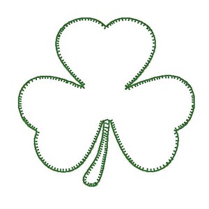 May include: A green outline of a shamrock, a three-leaf clover, with a stem.