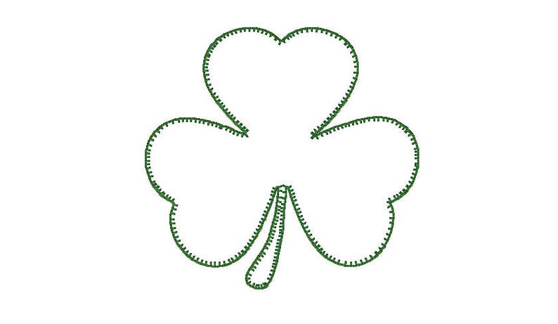 May include: A green outline of a shamrock, a three-leaf clover, with a stem.