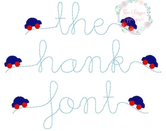 The Hank vintage stitch, bean stitch font with mini fill car swashes machine embroidery design file