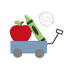 Back to school wagon with apple and crayon mini fill stitch machine embroidery design file