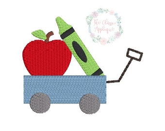 Back to school wagon with apple and crayon mini fill stitch machine embroidery design file