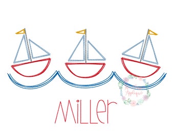 Summer sailboat trio on water doodle vintage stitch, quick stitch machine embroidery design file