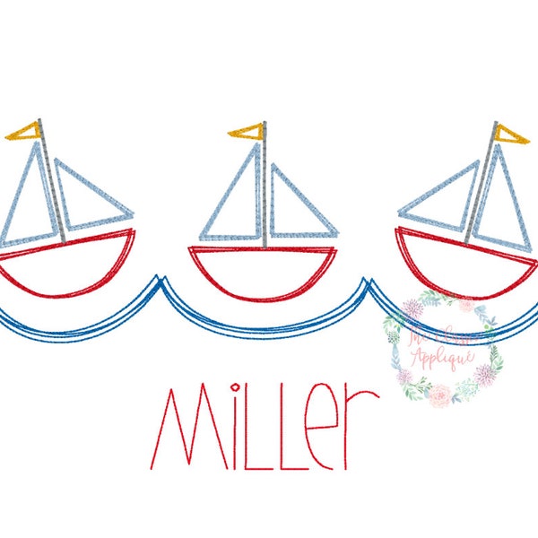 Summer sailboat trio on water doodle vintage stitch, quick stitch machine embroidery design file