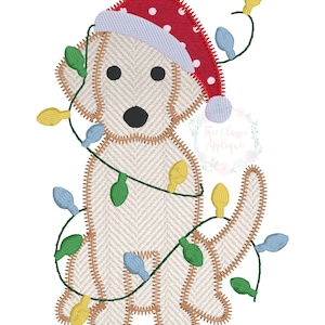 May include: A beige dog wearing a red and white Santa hat with a blue brim, surrounded by a string of colorful Christmas lights.