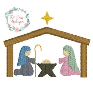 May include: A simple embroidery design of a nativity scene with a star above the stable. The figures of Mary and Joseph are kneeling beside a manger with a baby inside. The stable is made of brown wood and the star is yellow.