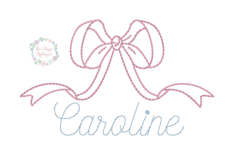 May include: A pink embroidered bow with tails, with the name "Caroline" embroidered in blue below.