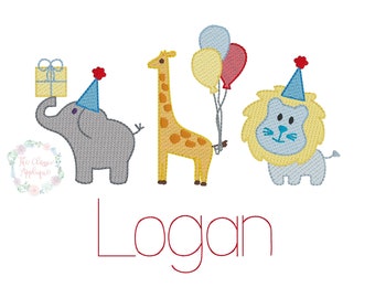Zoo animals birthday sketch fill, light fill, quick stitch trio machine embroidery design file