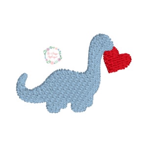 Op de afbeelding: Een blauwe dinosaurus die een rood hart vasthoudt. De dinosaurus is een cartoonachtige illustratie met een lange nek en een klein lichaam. Het hart is een eenvoudige vorm zonder details.