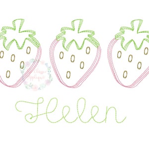 May include: Three embroidered pink and green strawberries with gold seed details and the name "Helen" written in green cursive.