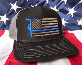Thin blue line, Lineman American flag embroidered hat, lineman flag hat, lineman baseball cap