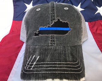 Any state- Thin blue line state of Kentucky embroidered hat, Police Wife distressed trucker hat, police cap, embroidered blue line KY