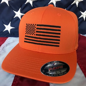Any colors, Free personalization, black American flag orange hat, fire cap, flag baseball cap, fitted cap, orange flex fit hat, flag