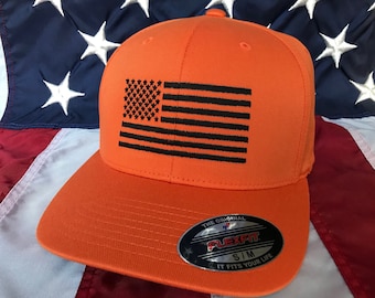 Any colors, Free personalization, black American flag orange hat, fire cap, flag baseball cap, fitted cap, orange flex fit hat, flag