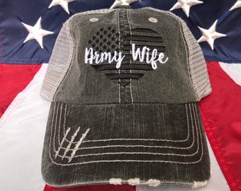 Army Wife flag heart, army wife distressed trucker hat, military wife embroidered trucker